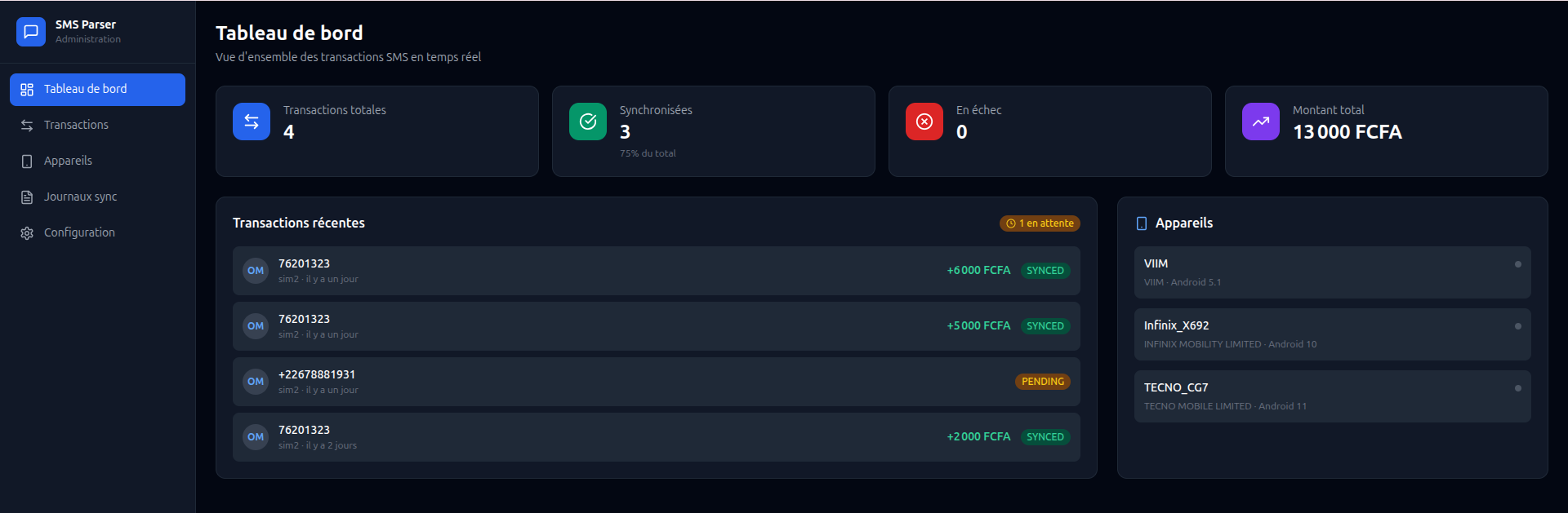 Tableau de bord SMS Parser — vue temps réel