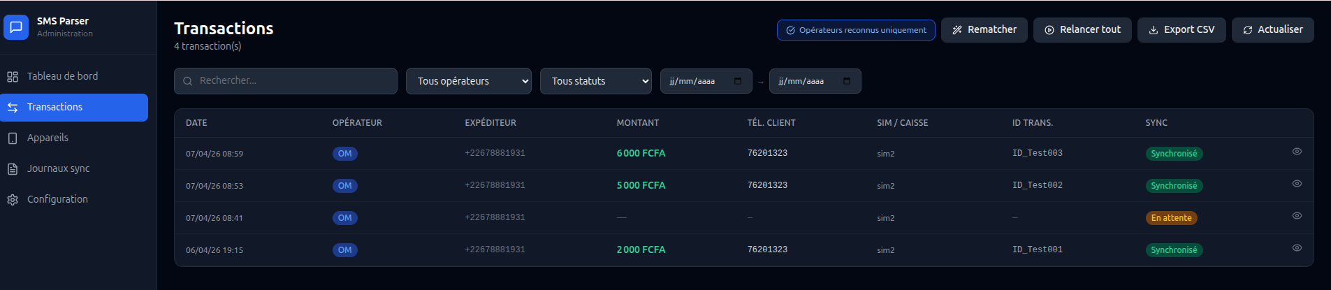 Liste des transactions