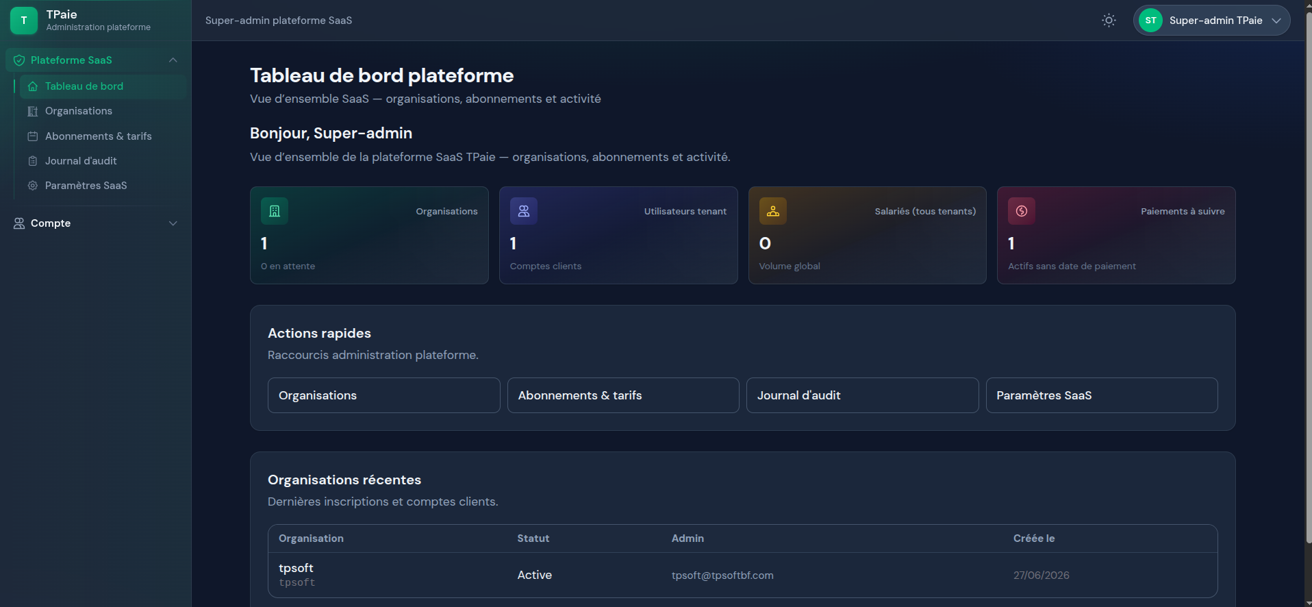 Tableau de bord TPAIE — vue d'ensemble SaaS